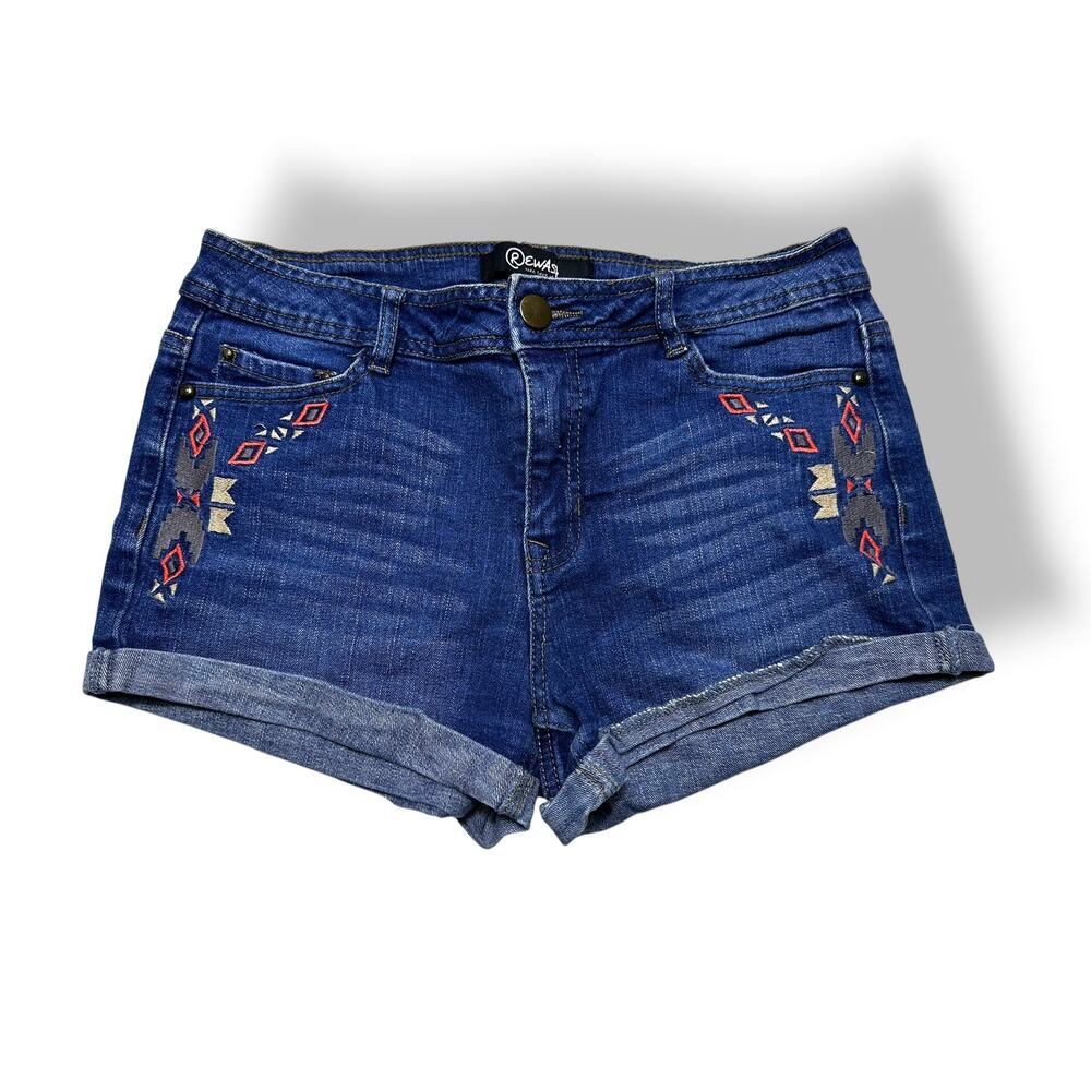 Rewash Embroidered Tribal Rolled Hem Mid Rise Denim Shorts Size 10